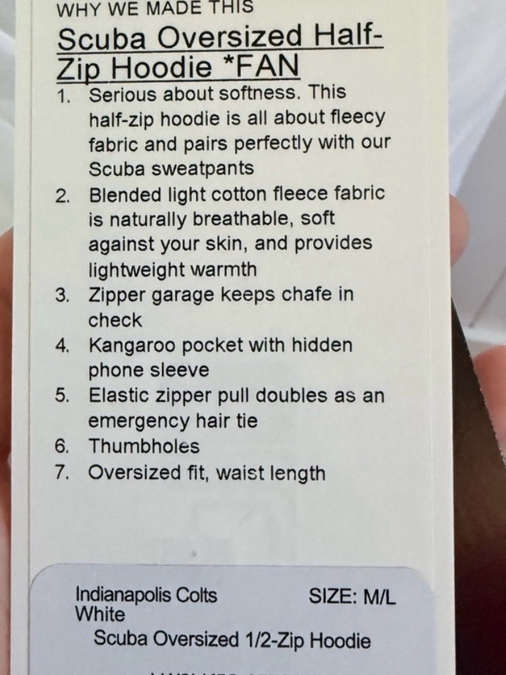 lululemon athletica White Women's Half-Zip Hoodie Sweatshirt with Colts Logo - Picture 2 of 4